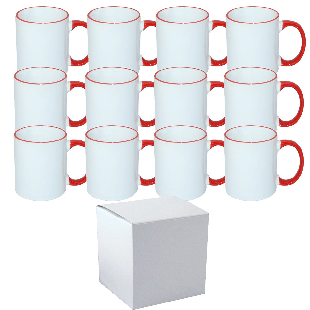 12 Pcs 11OZ Red Rim & Handle Sublimation Mugs With Individual White Boxes